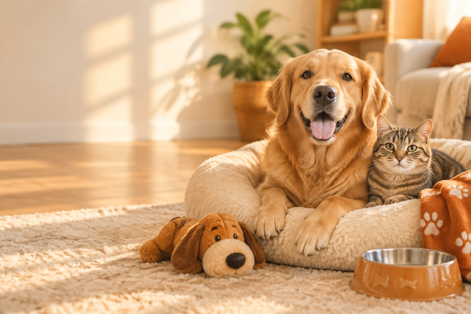 A happy golden retriever and tabby cat relaxing with PawNest pet essentials